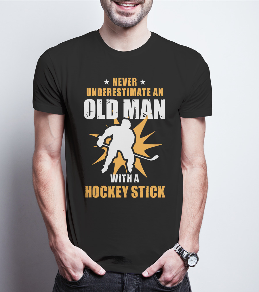 Never Underestimate An Old Man With A Hockey Stick Silhouette Starburst T-Shirt