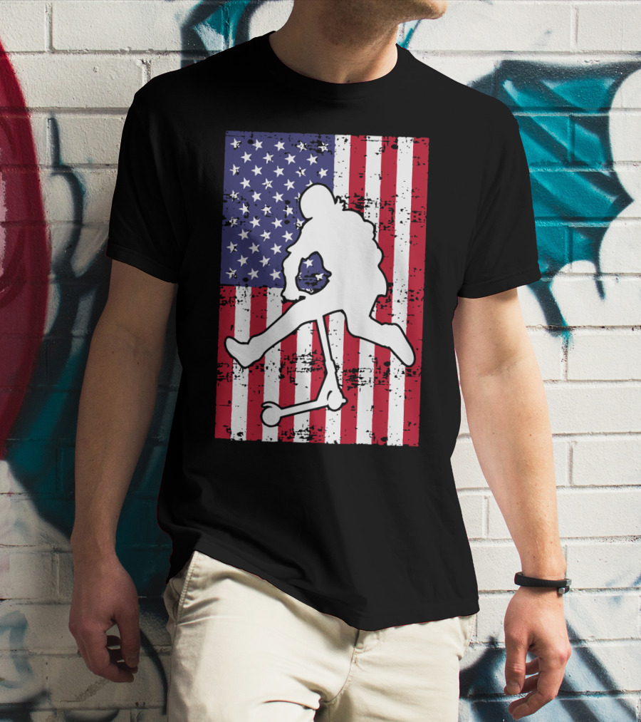 Stunt Scooter Trick With American Flag Background Competition T-Shirt