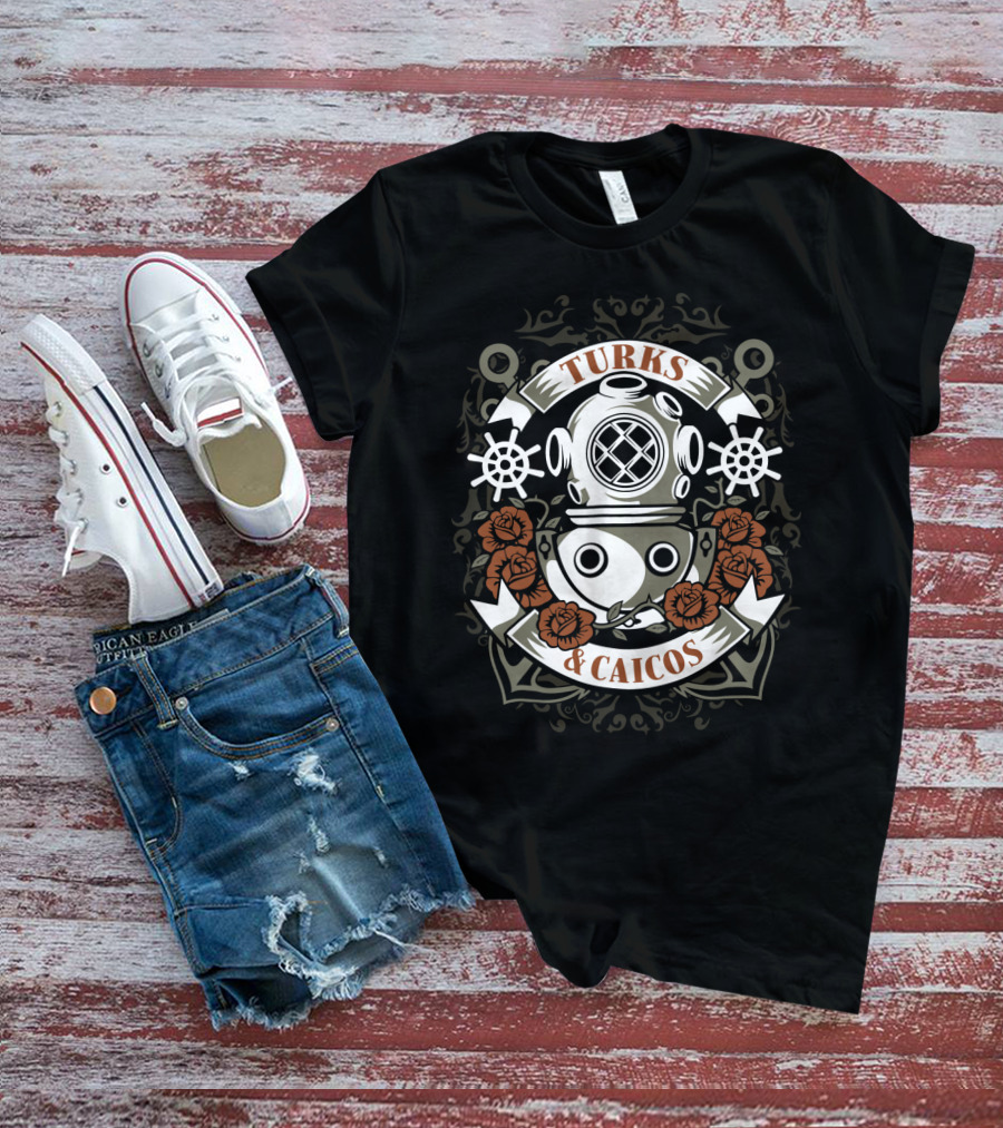 Turks And Caicos Vintage Dive Helmet Roses And Anchors T-Shirt