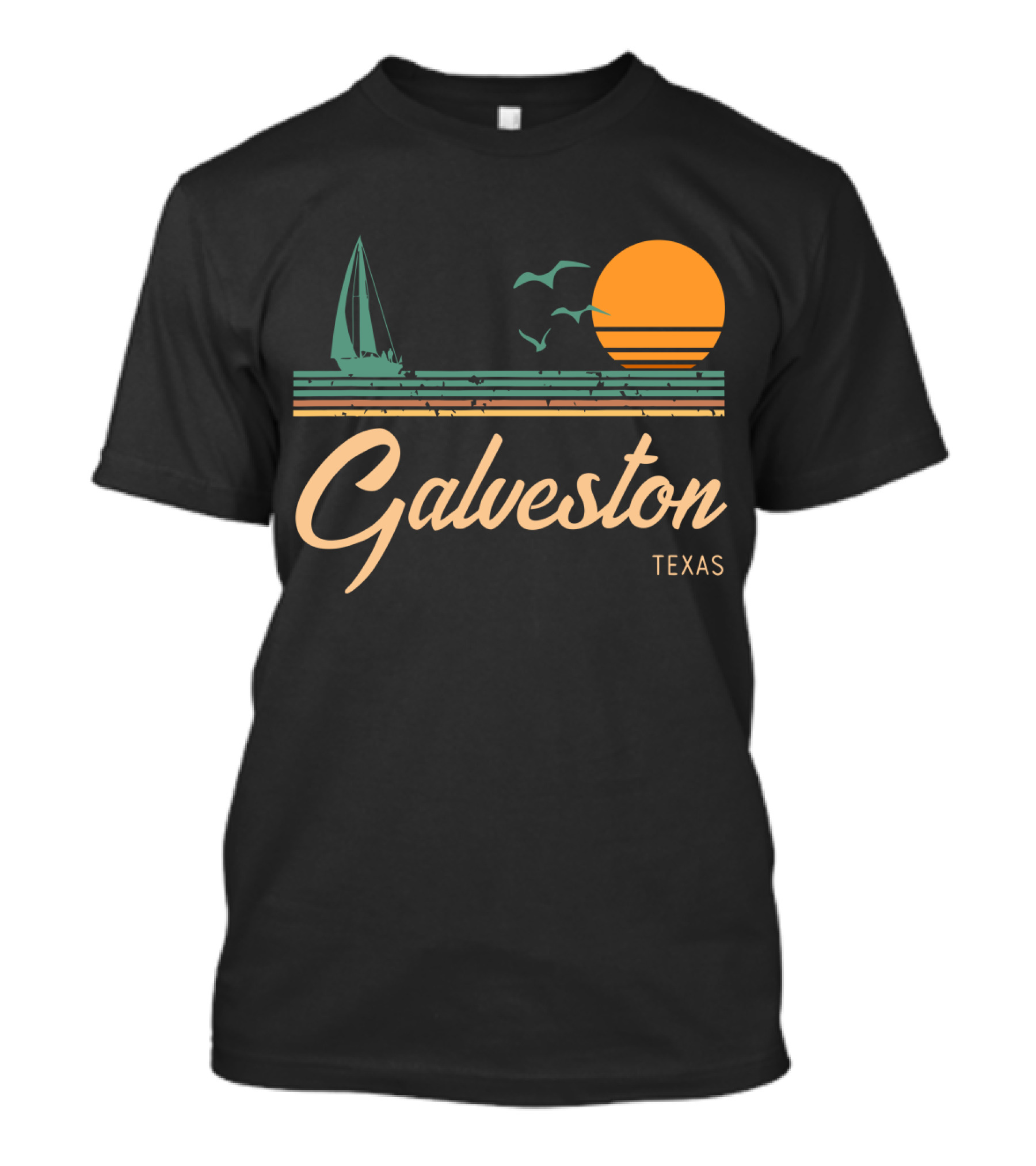 Vintage Galveston Texas Sailboat And Sunset Scene T-Shirt