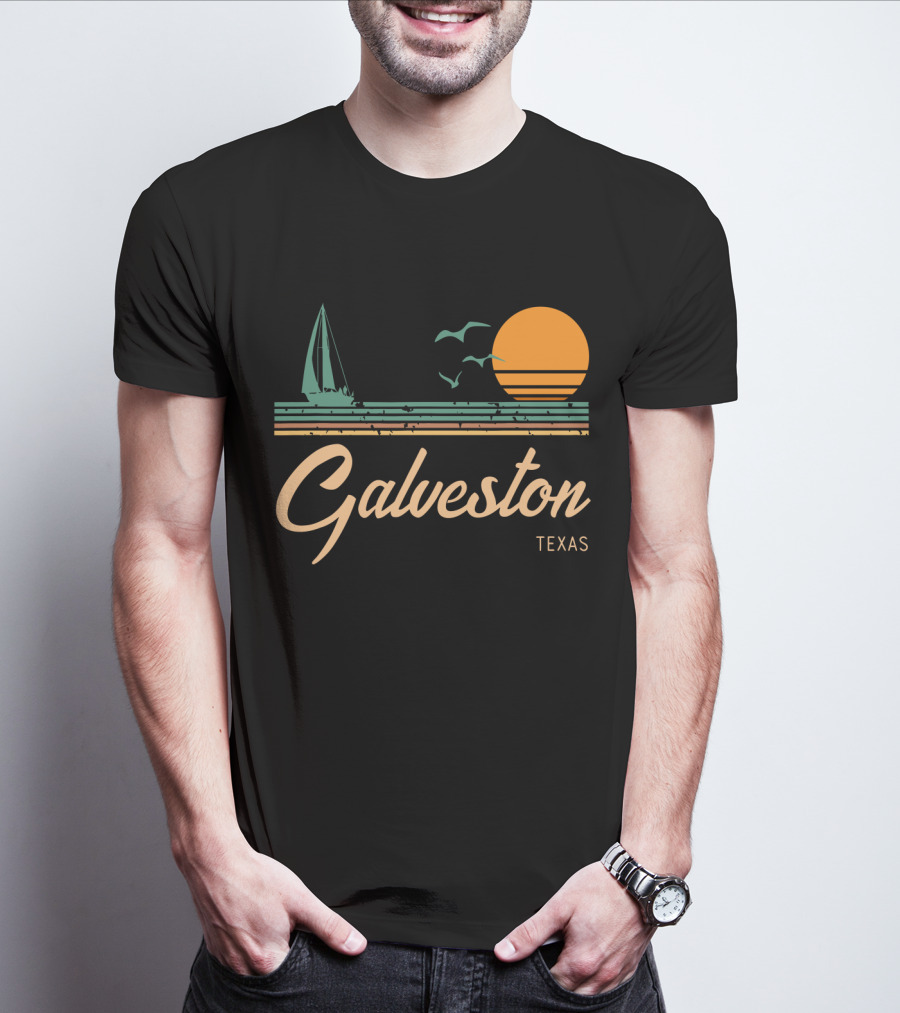 Vintage Galveston Texas Sailboat And Sunset Scene T-Shirt