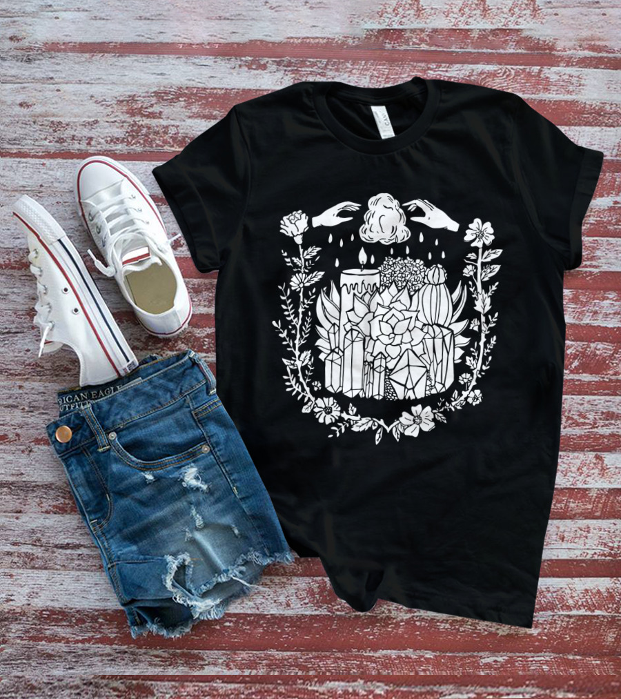 Crystals Succulents Candle Hand Magic Floral Border T-Shirt
