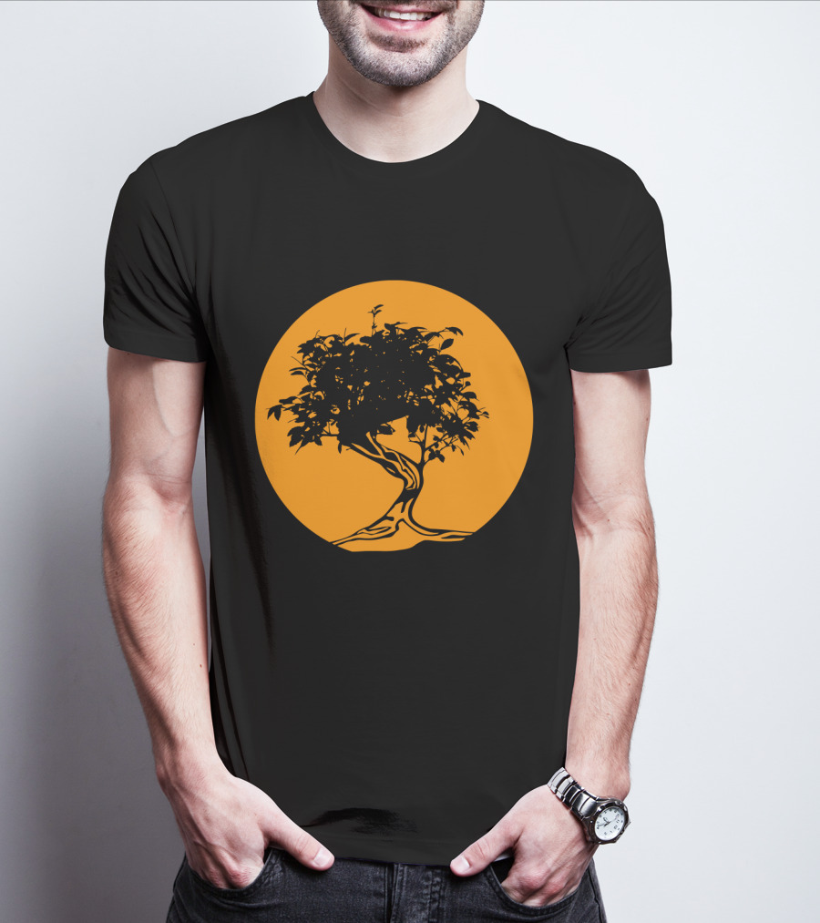 Bonsai Japan Yin Yang Monk Tree Silhouette Circle T-Shirt