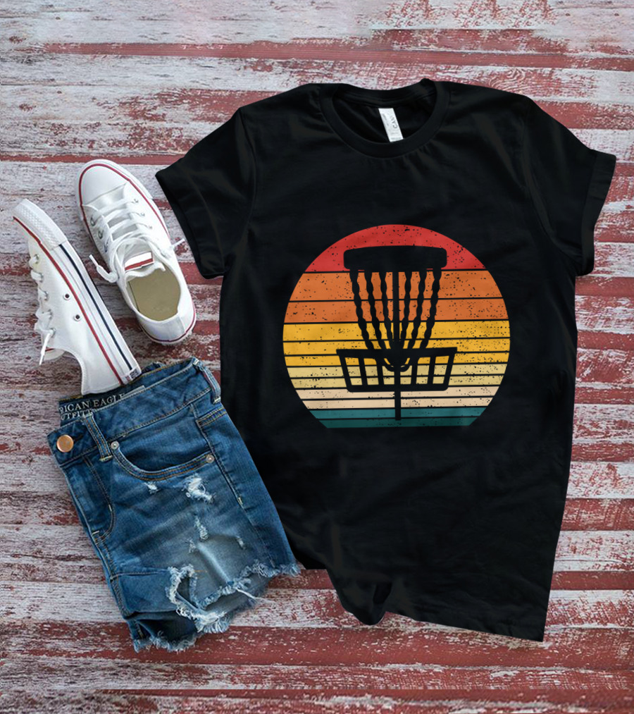 Retro Disc Golf Basket Sunset Stripes T-Shirt