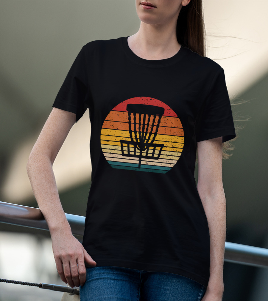 Retro Disc Golf Basket Sunset Stripes T-Shirt