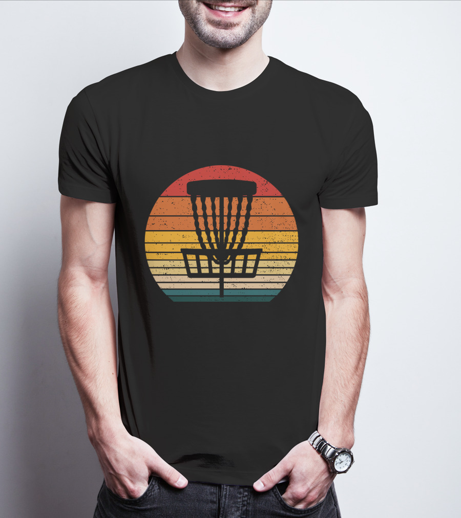 Retro Disc Golf Basket Sunset Stripes T-Shirt