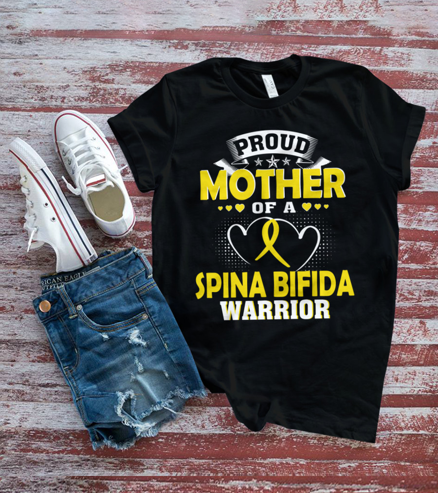 Proud Mother Of A Spina Bifida Warrior Yellow Ribbon Hearts Stars T-Shirt