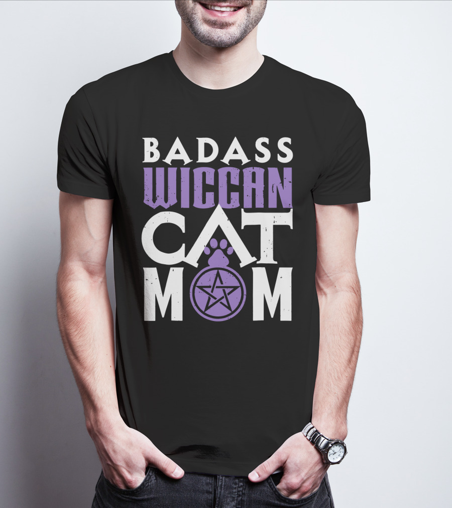 Badass Wiccan Cat Mom With Pentagram Paw Prints T-Shirt