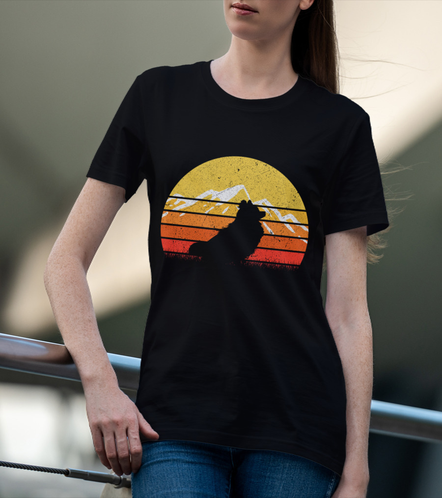 Retro Vintage Pomeranian Dog Sunset Silhouette With Mountain Background T-Shirt