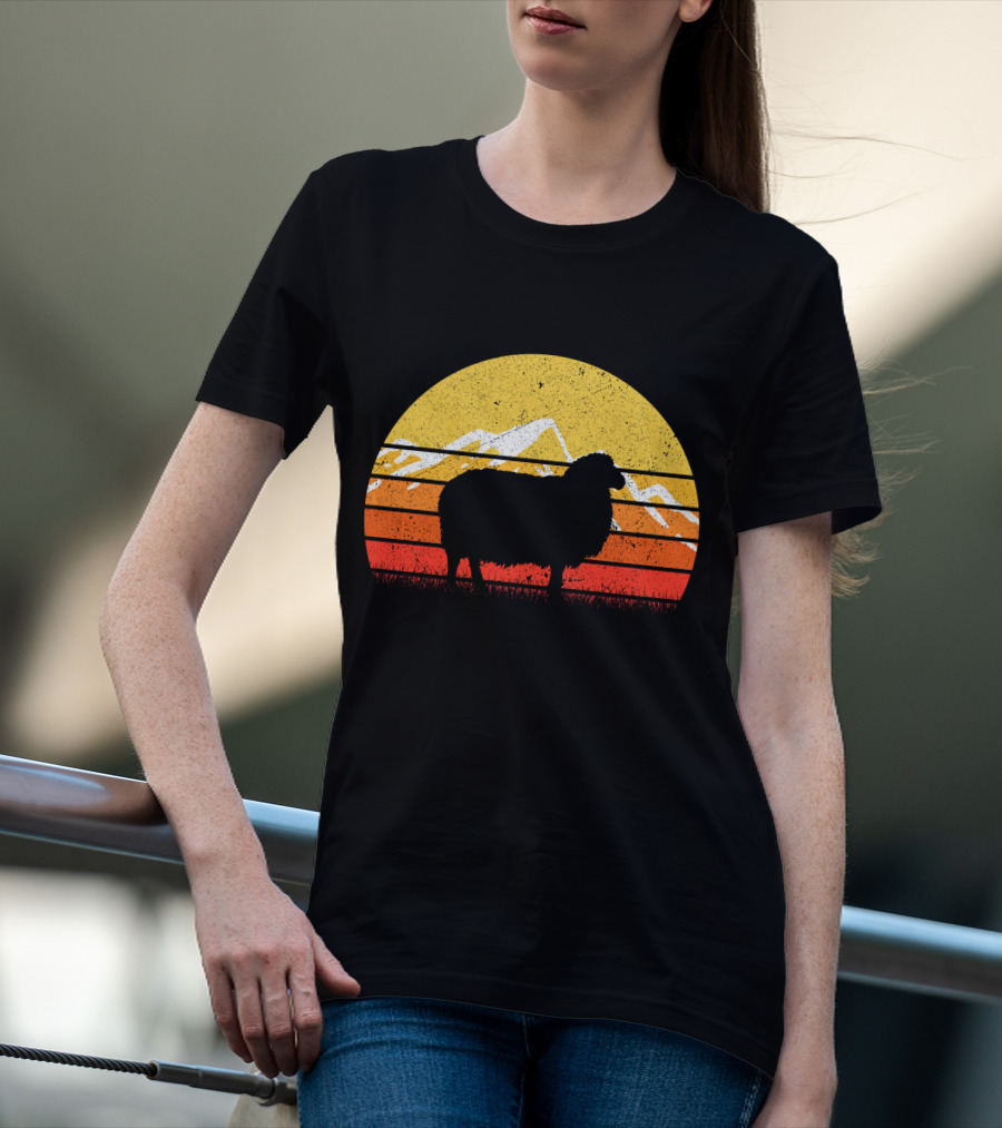 Retro Vintage Sheep Sunset With Mountains T-Shirt