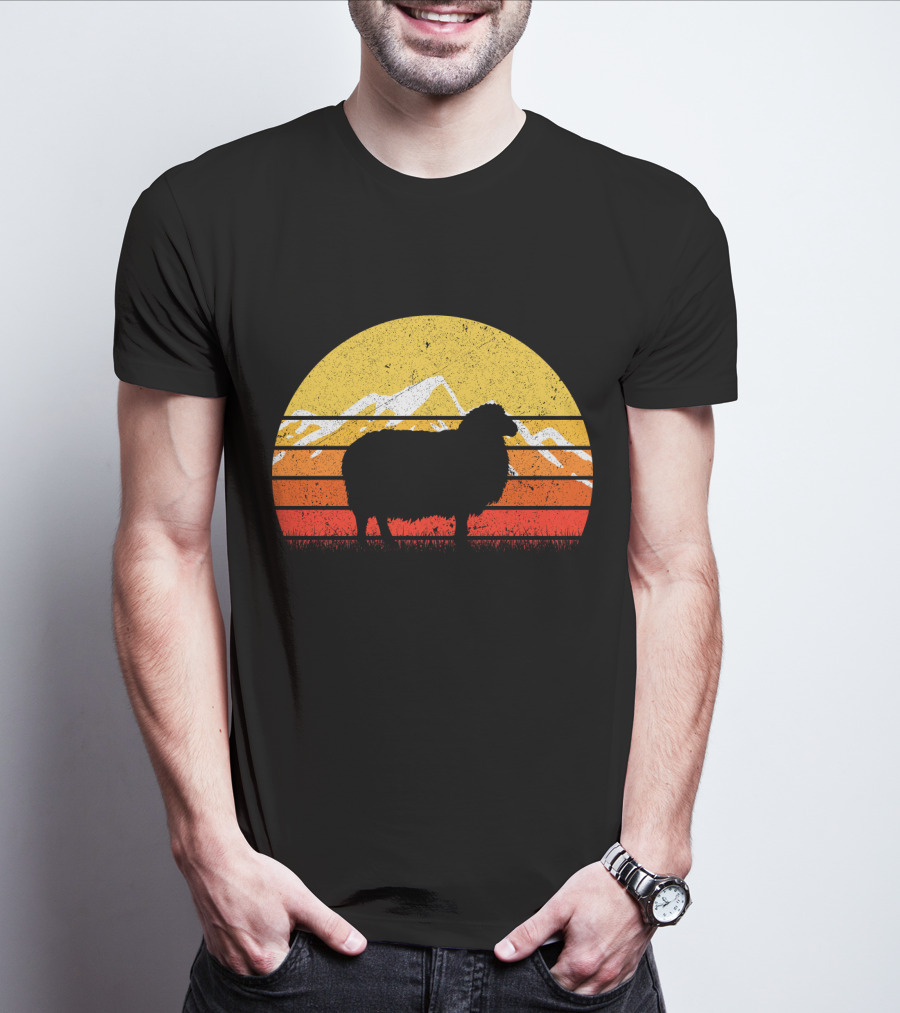 Retro Vintage Sheep Sunset With Mountains T-Shirt