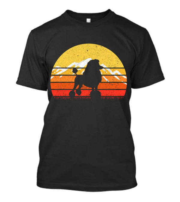 Retro Vintage Poodle Dog Sunset Silhouette With Mountains And Stripes T-Shirt