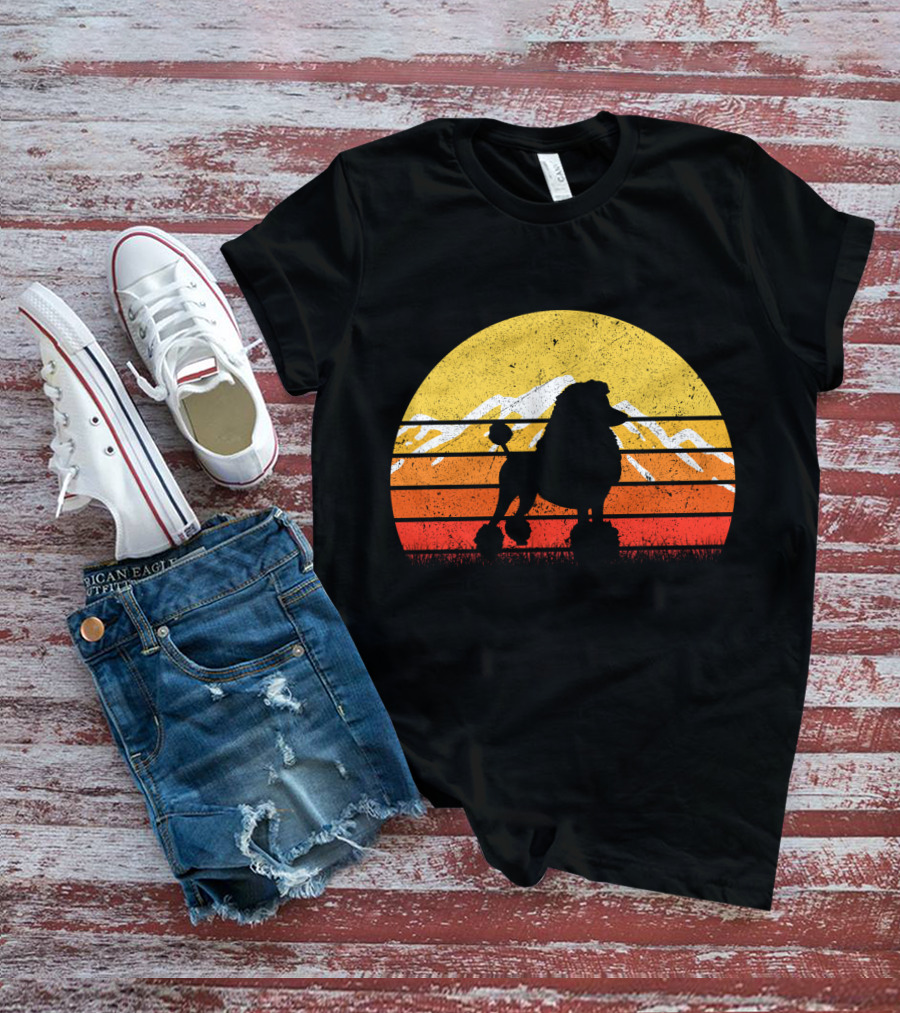 Retro Vintage Poodle Dog Sunset Silhouette With Mountains And Stripes T-Shirt