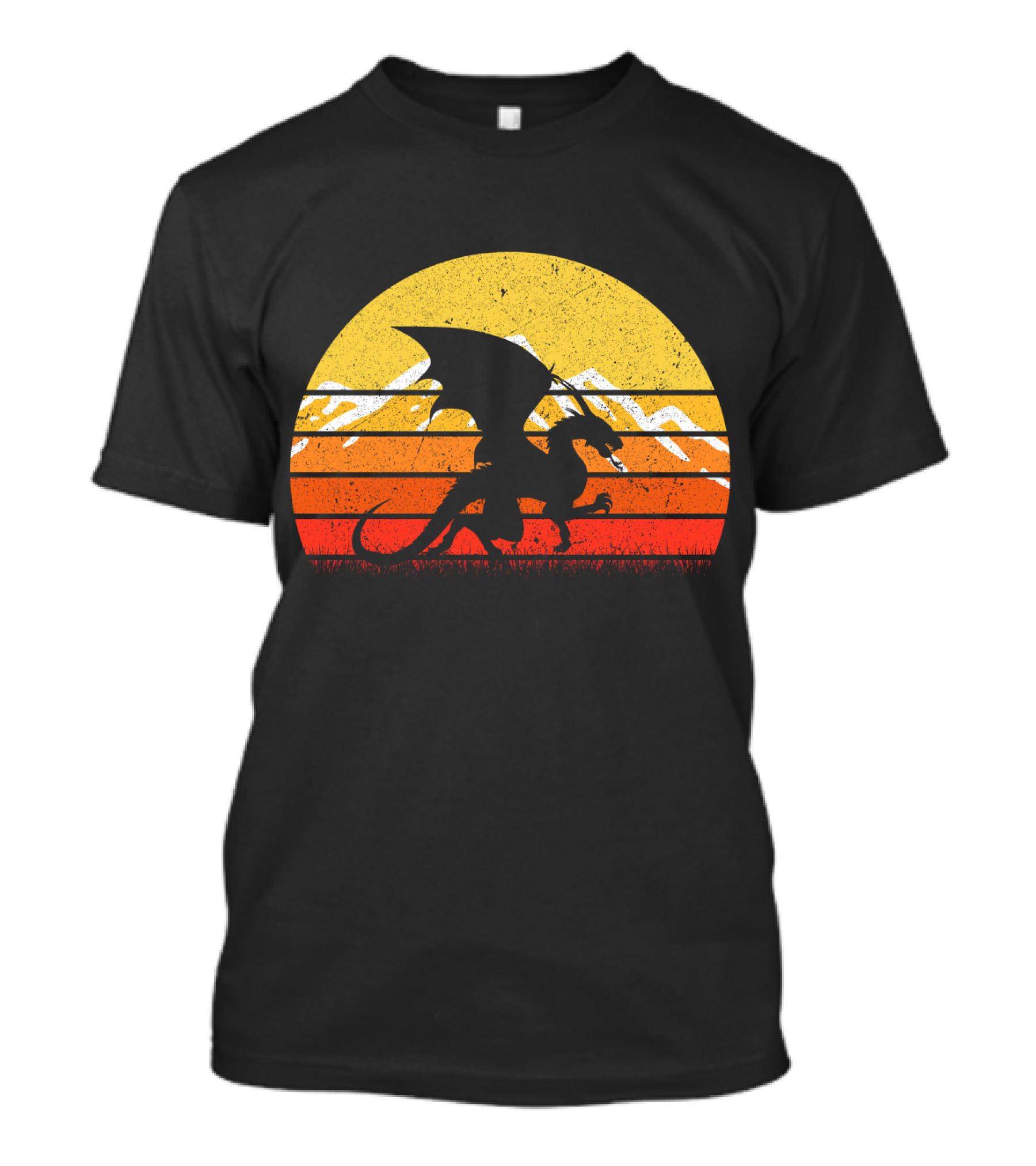Retro Vintage Dragon With Silhouette And Sunset Mountains T-Shirt