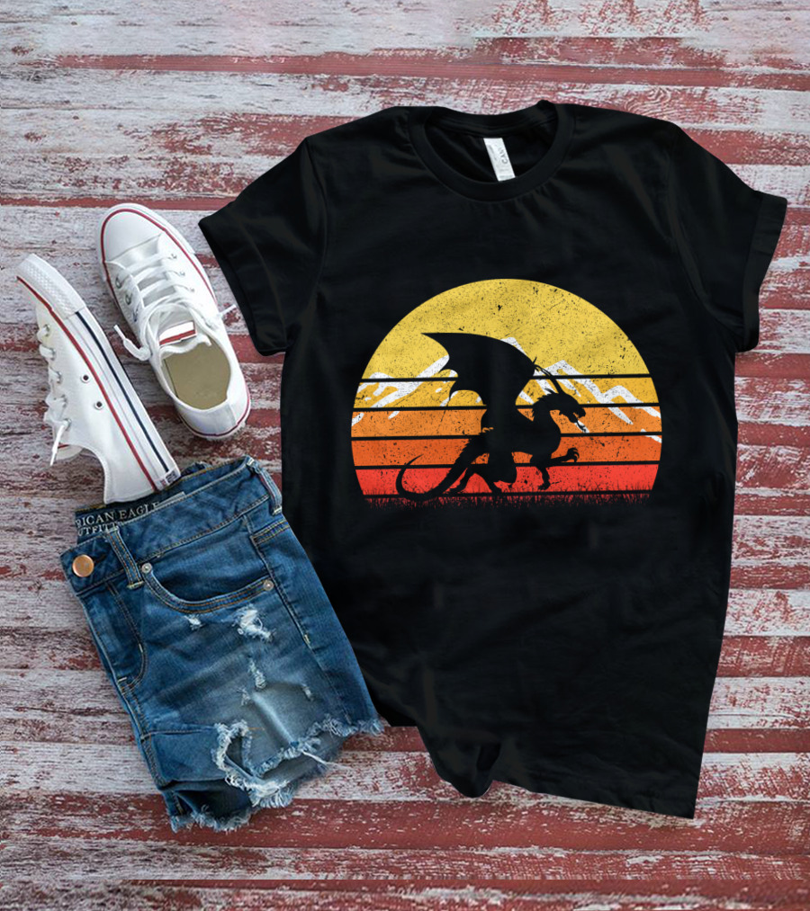 Retro Vintage Dragon With Silhouette And Sunset Mountains T-Shirt