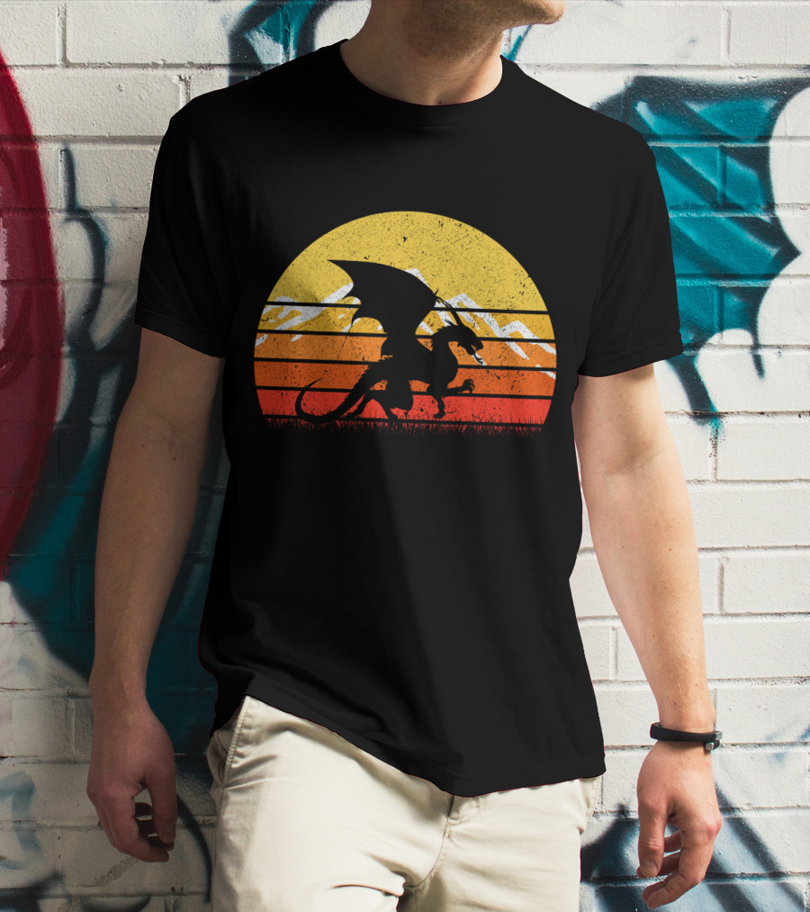 Retro Vintage Dragon With Silhouette And Sunset Mountains T-Shirt