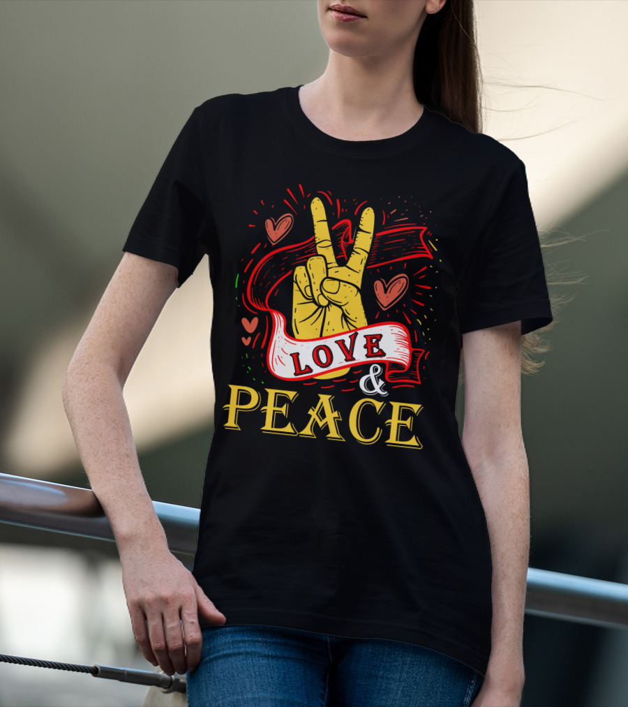 LOVE And PEACE Hand Gesture With Hearts And Banner T-Shirt