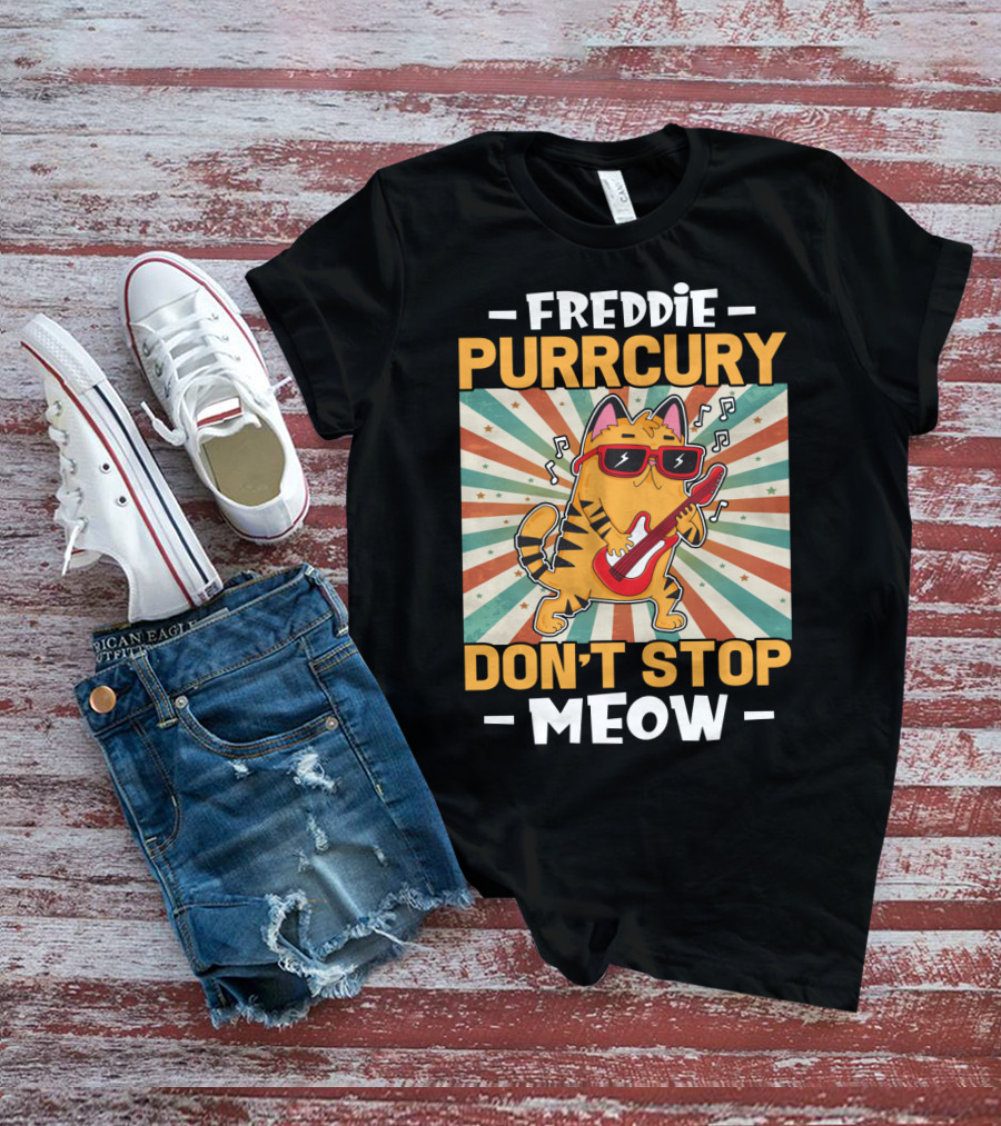 Freddie Purrcury Don't Stop Meow Cat With Guitar Retro Music Vibes T-Shirt