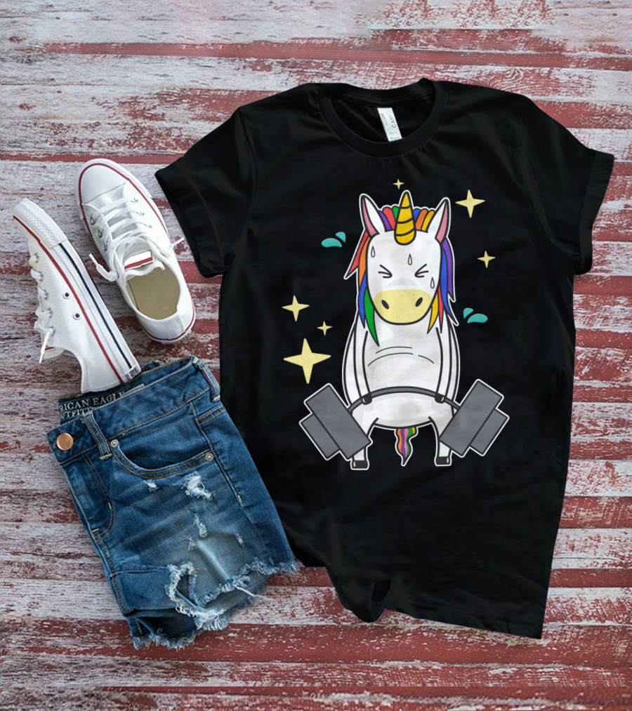 Unicorn Weightlifting Fitness Gym Sweat Rainbow Mane Stars T-Shirt