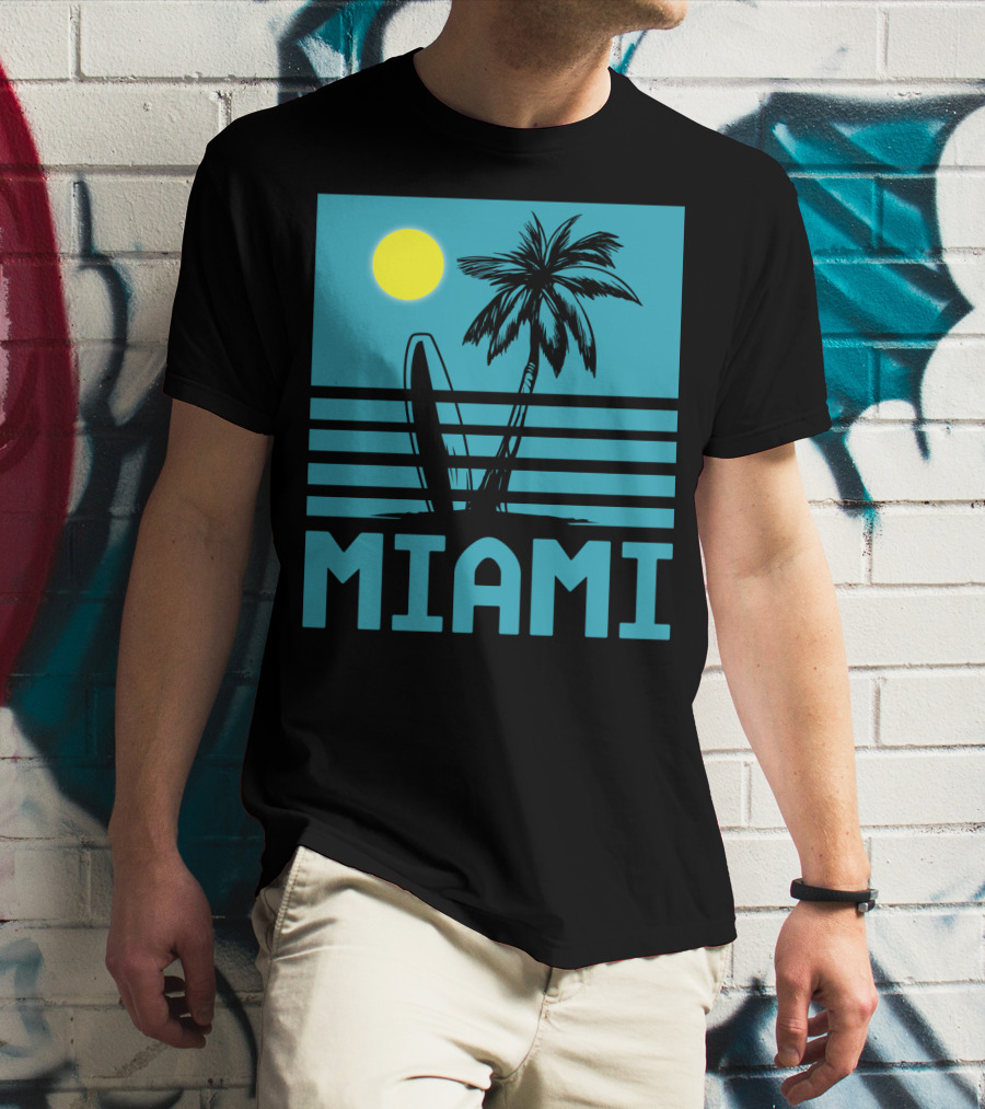 Miami Surf Palm Sunset Retro T-Shirt
