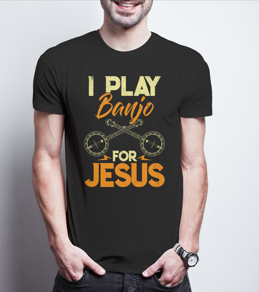 I Play Banjo For Jesus With Crossed Banjos In Orange T-Shirt