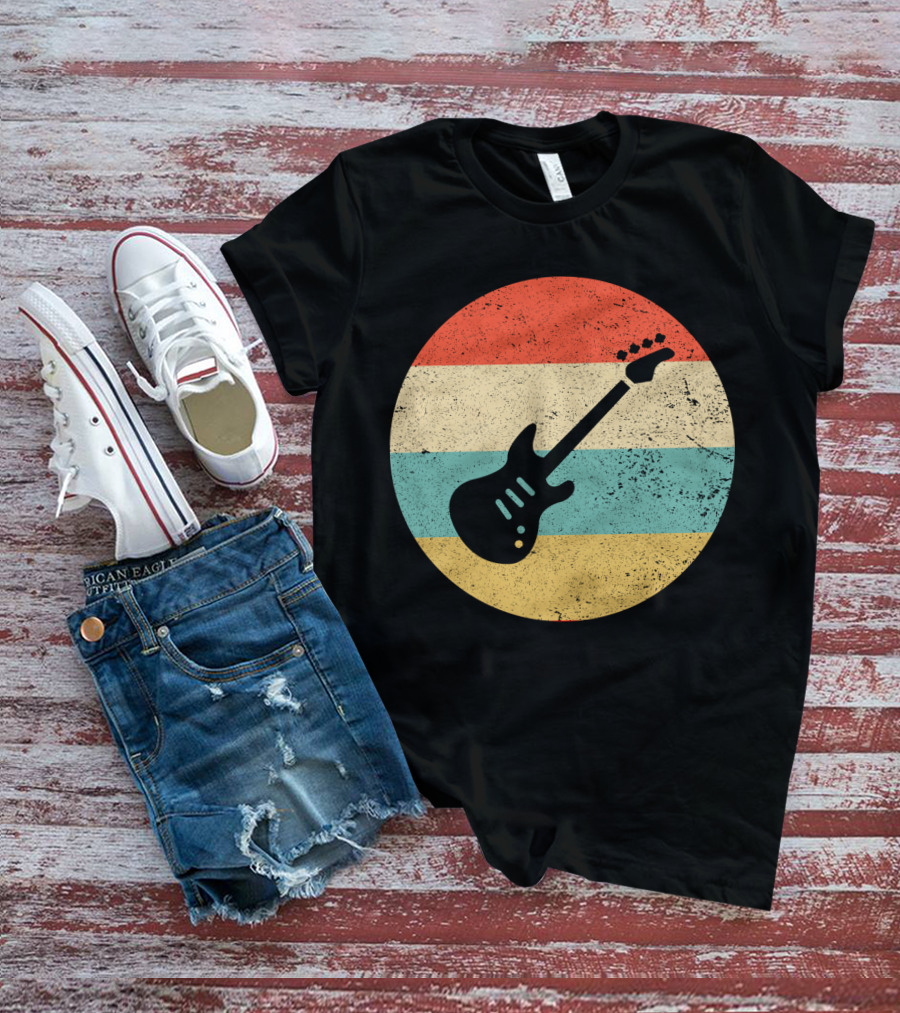 Vintage Retro Bass Guitar Silhouette Sunset Stripes T-Shirt