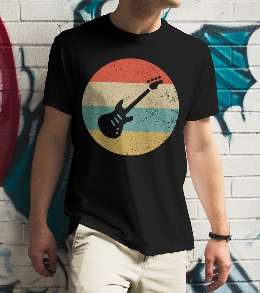 Vintage Retro Bass Guitar Silhouette Sunset Stripes T-Shirt