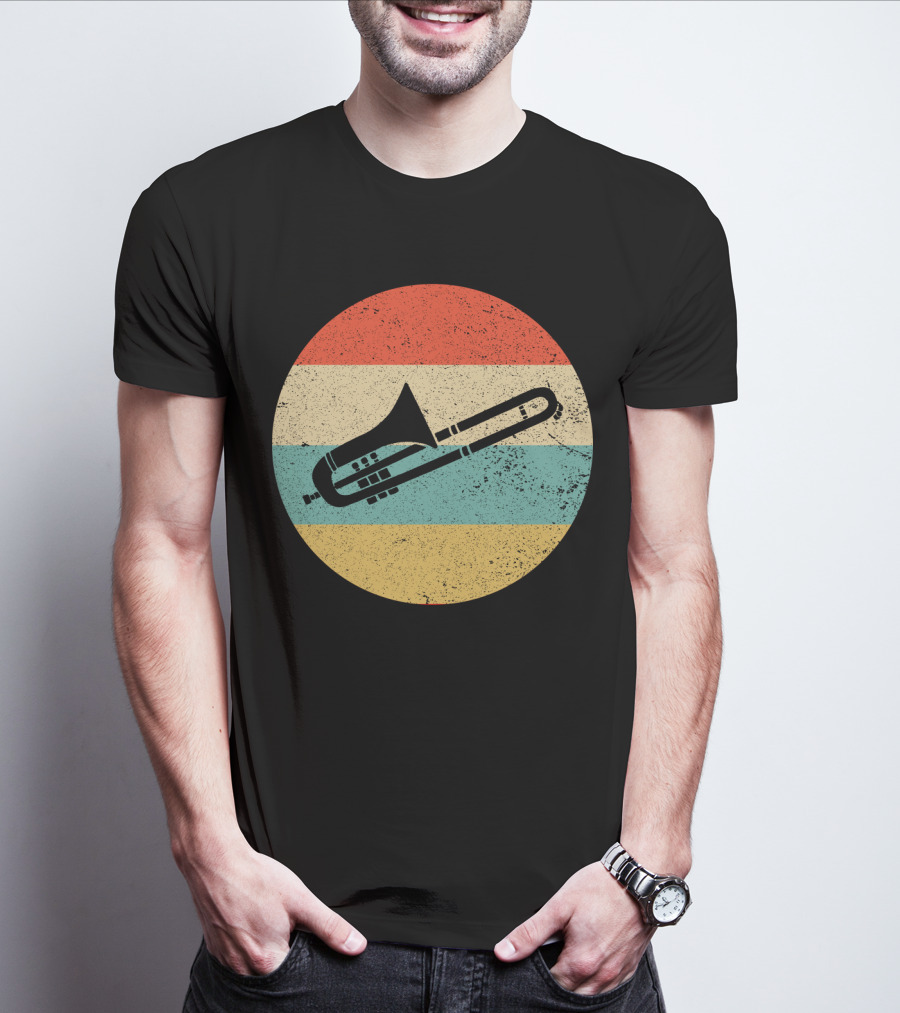Vintage Retro Trombone Graphic On Striped Circle Background T-Shirt