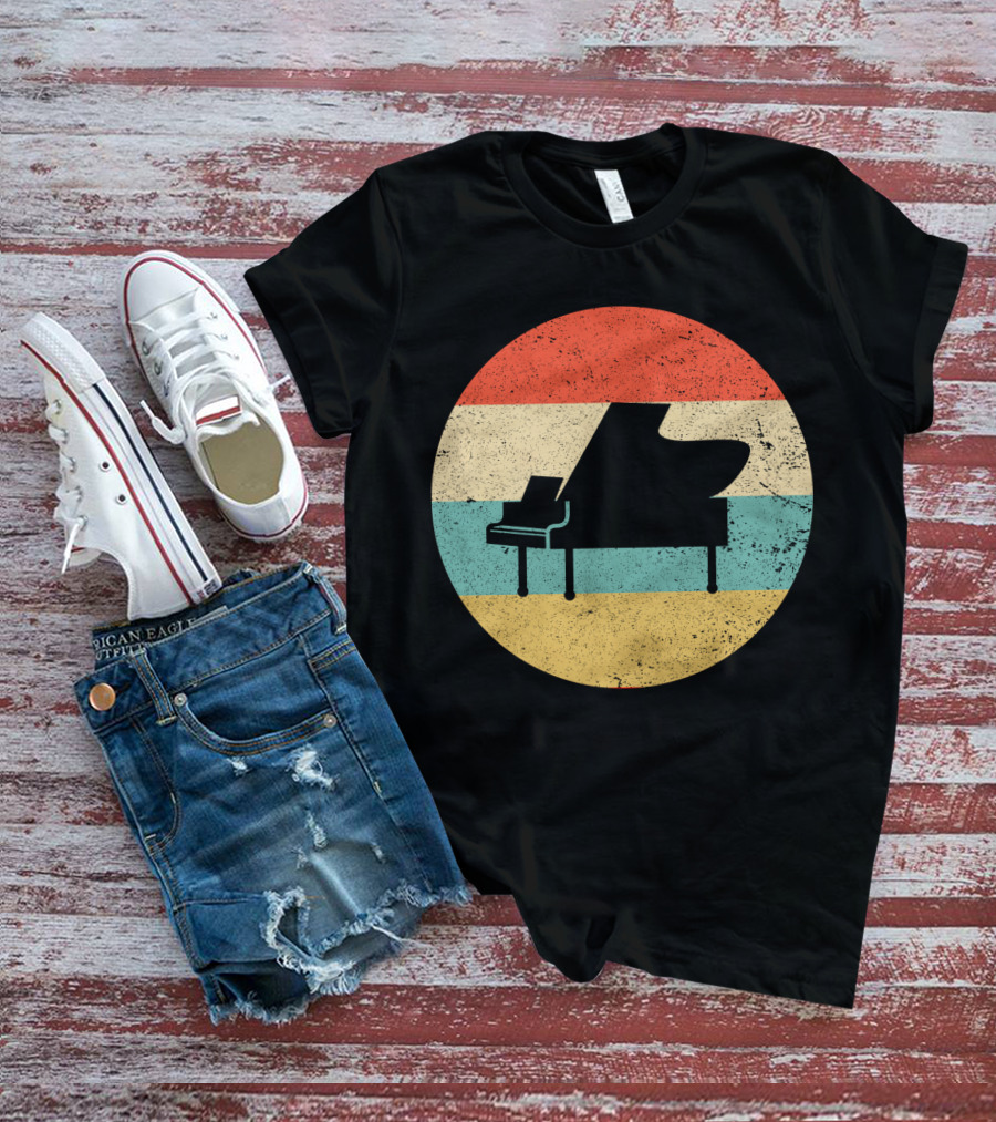 Vintage Retro Piano Silhouette With Stripes T-Shirt