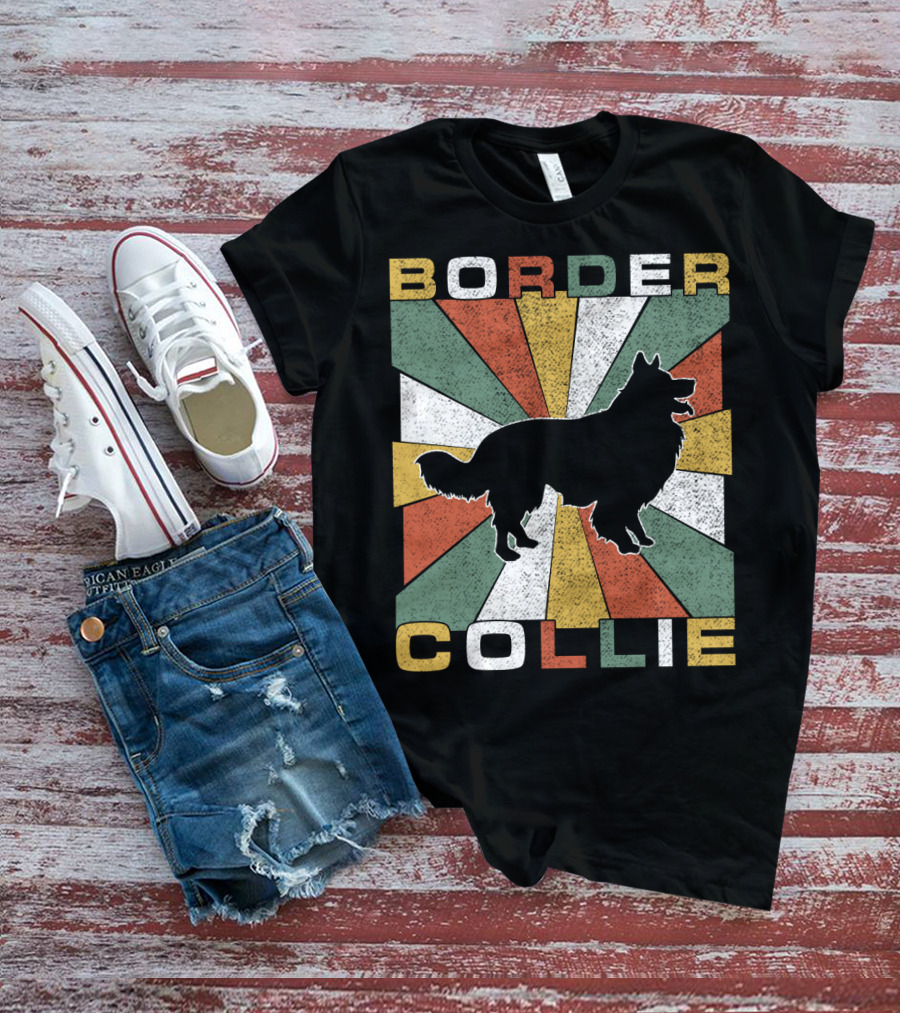Border Collie Retro 70s Silhouette Radiant Stripes T-Shirt