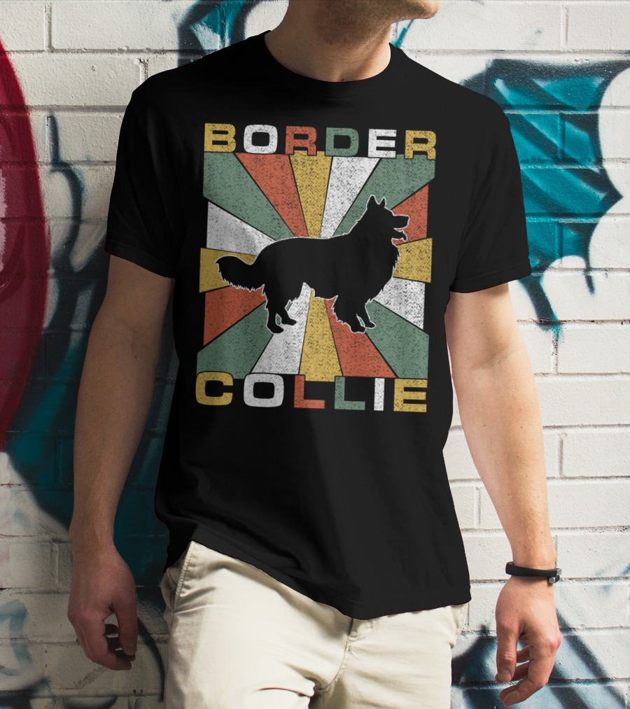 Border Collie Retro 70s Silhouette Radiant Stripes T-Shirt