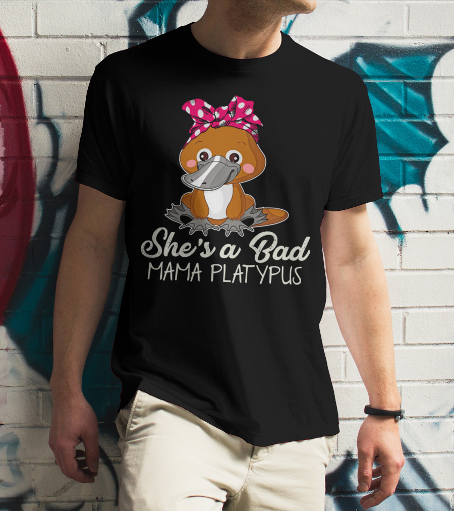 She's A Bad Mama Platypus Cute Cartoon Character With Pink Polka Dot Bow T-Shirt