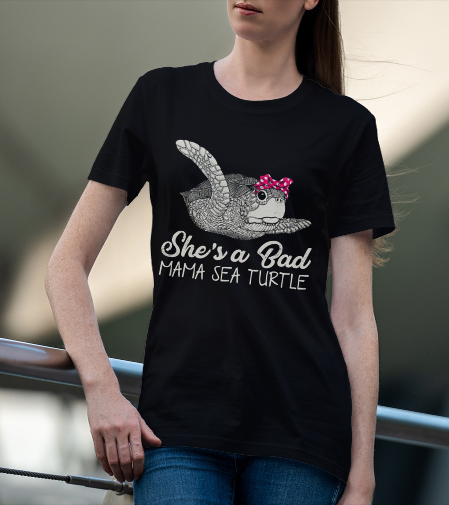 She's A Bad Mama Sea Turtle With Pink Polka Dot Bow T-Shirt