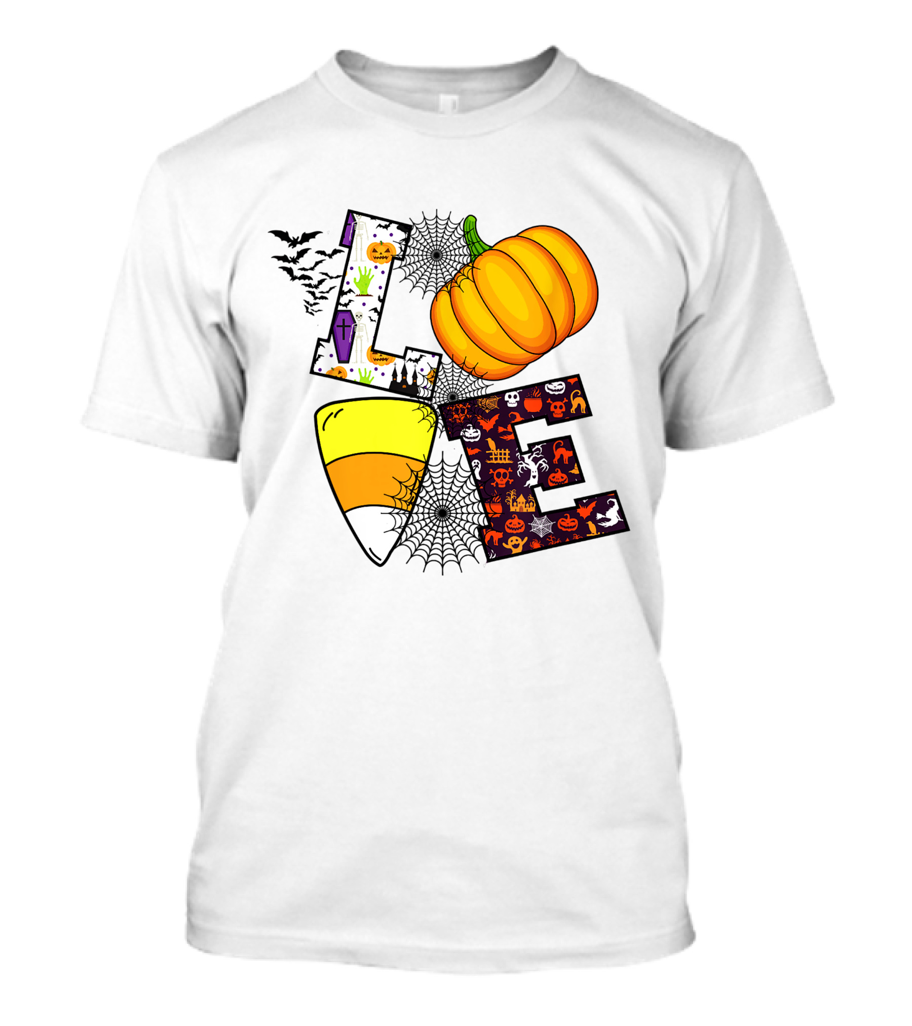 Love Pumpkin Candy Corn Halloween Spiderweb Bats Ghosts T-Shirt