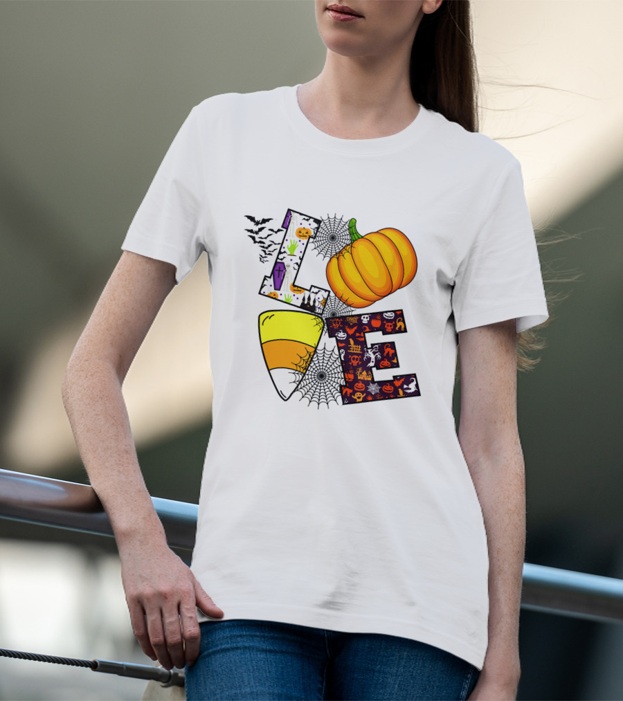 Love Pumpkin Candy Corn Halloween Spiderweb Bats Ghosts T-Shirt