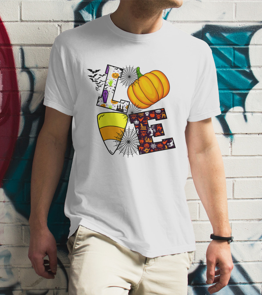Love Pumpkin Candy Corn Halloween Spiderweb Bats Ghosts T-Shirt