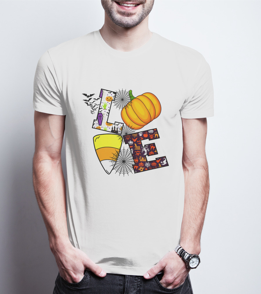 Love Pumpkin Candy Corn Halloween Spiderweb Bats Ghosts T-Shirt