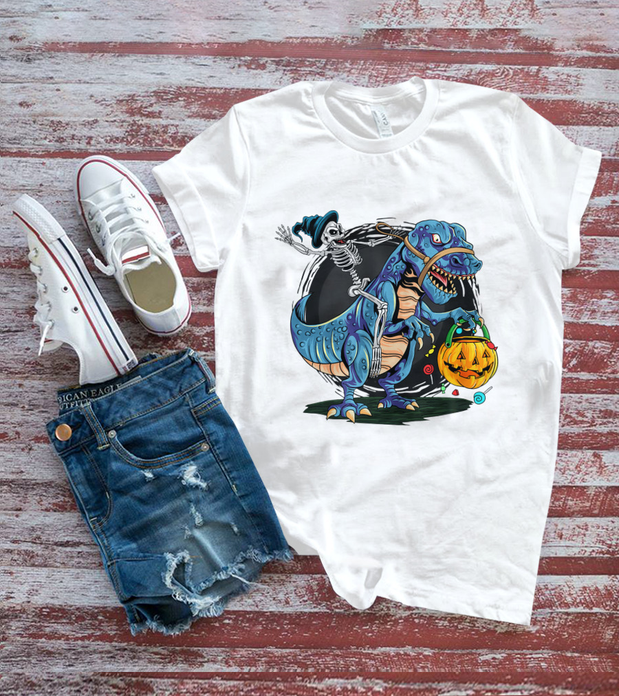 Skeleton Riding Dinosaur Halloween Candy Pumpkin Monster T-Shirt