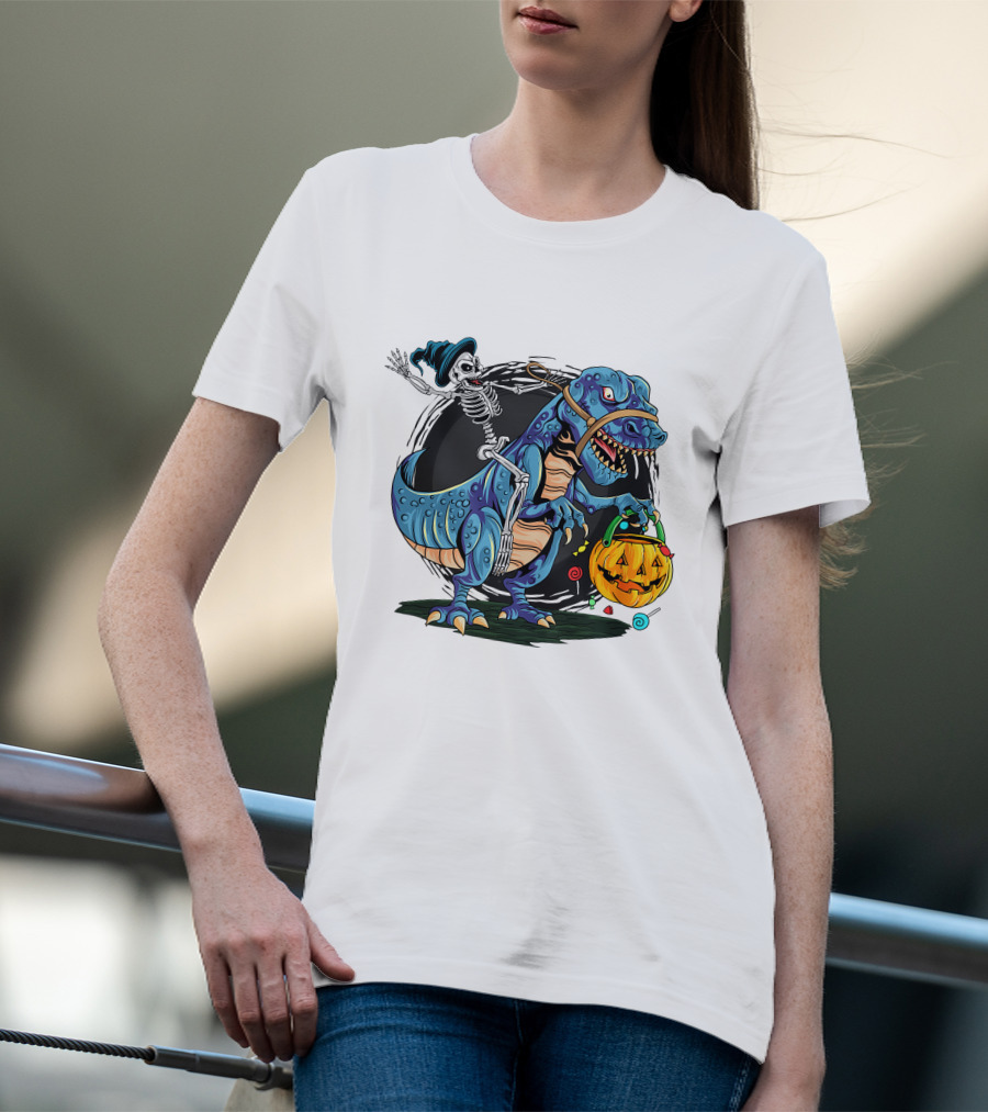 Skeleton Riding Dinosaur Halloween Candy Pumpkin Monster T-Shirt