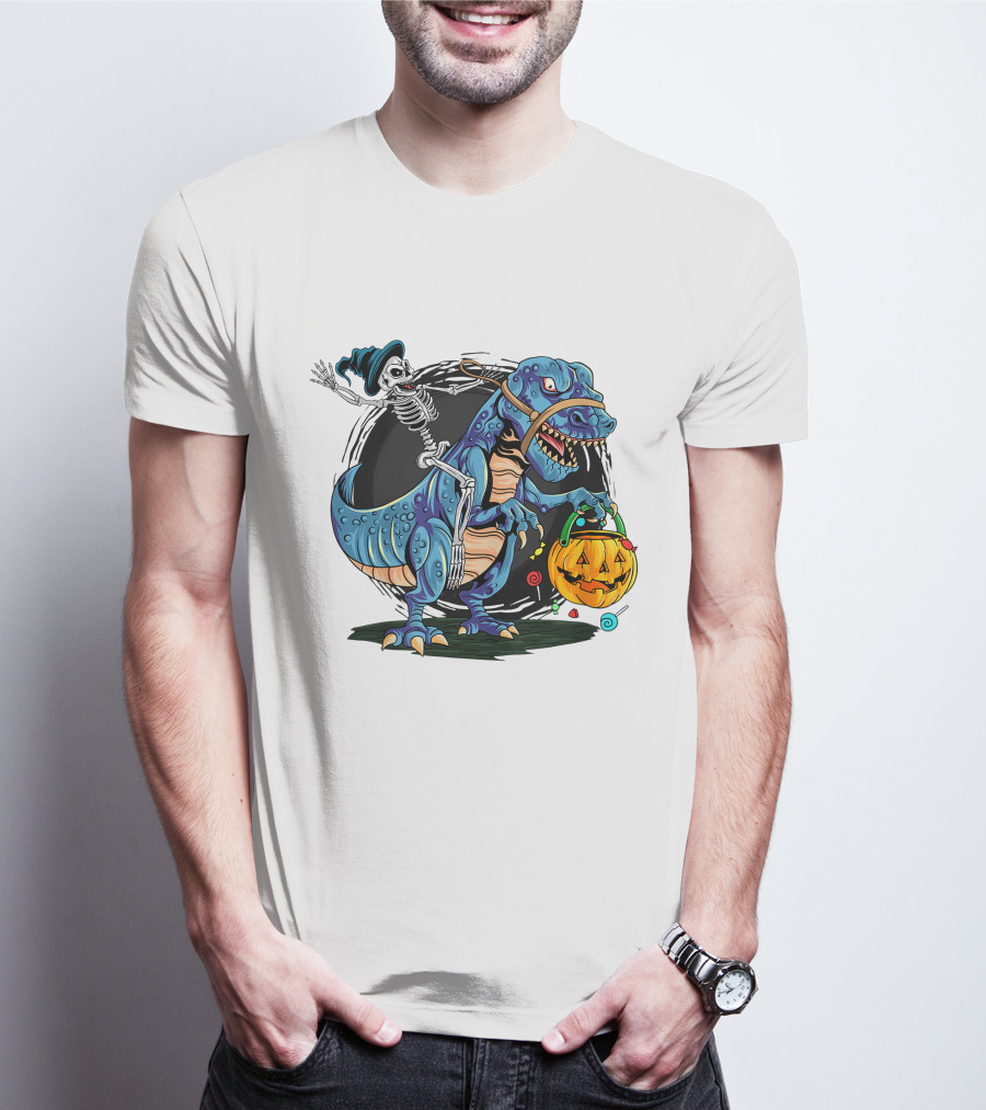 Skeleton Riding Dinosaur Halloween Candy Pumpkin Monster T-Shirt