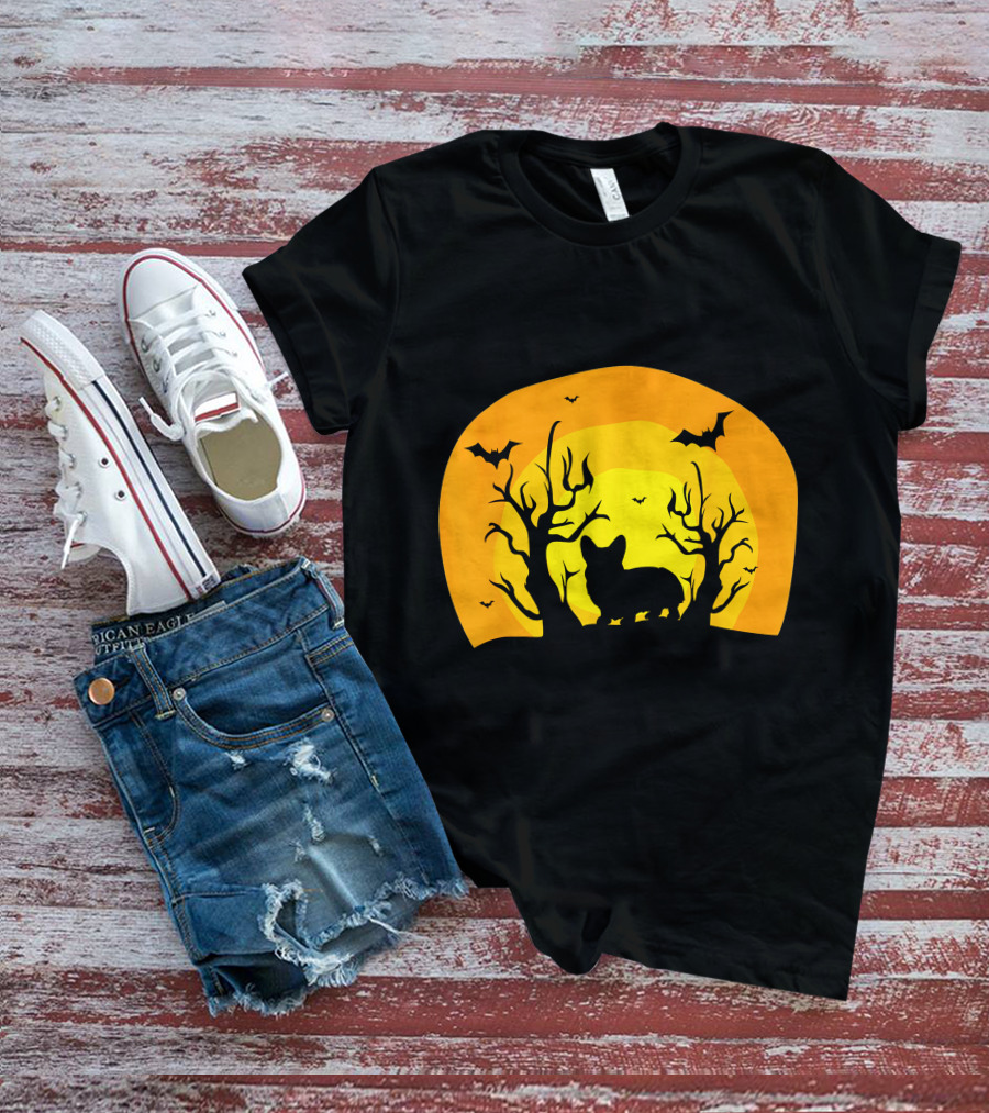 Corgi Dog Bat Halloween Silhouette With Moon And Trees T-Shirt