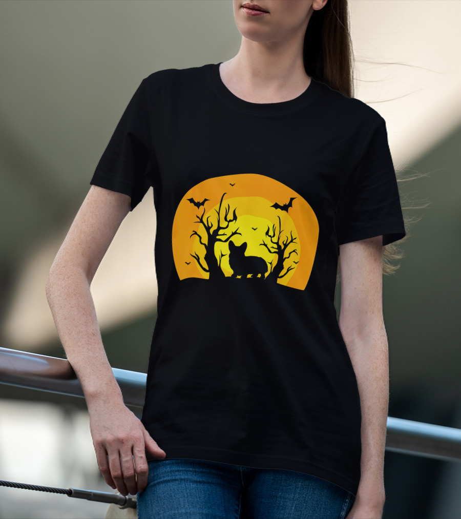 Corgi Dog Bat Halloween Silhouette With Moon And Trees T-Shirt
