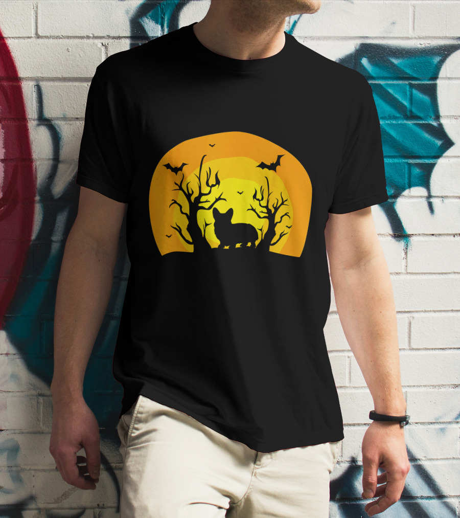Corgi Dog Bat Halloween Silhouette With Moon And Trees T-Shirt
