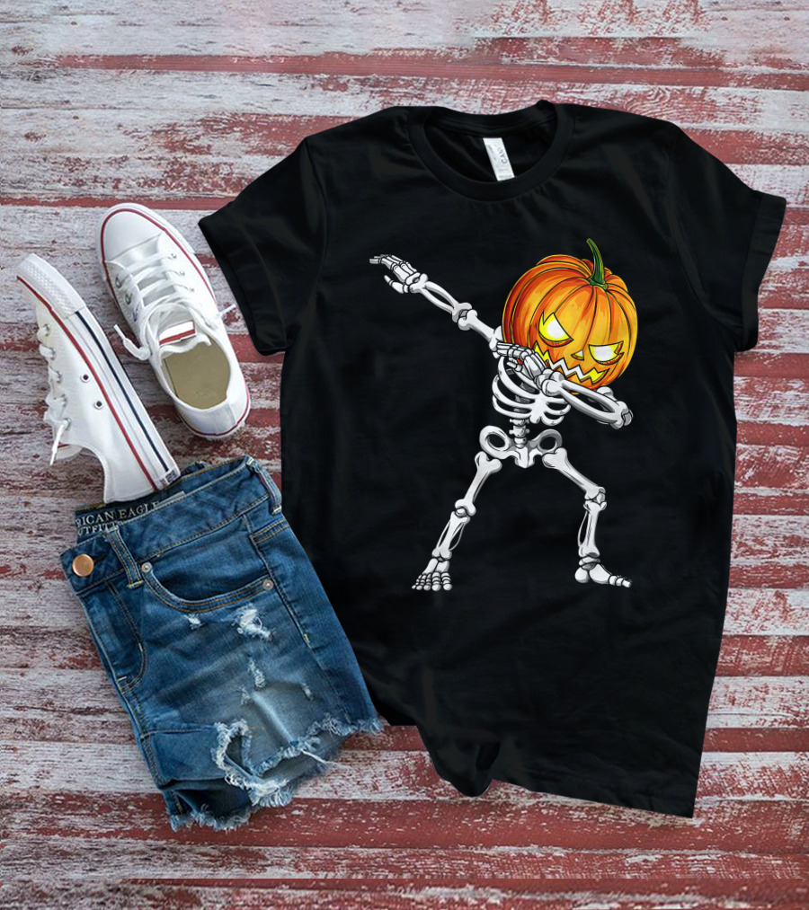 Halloween Dabbing Skeleton With Pumpkin Head T-Shirt