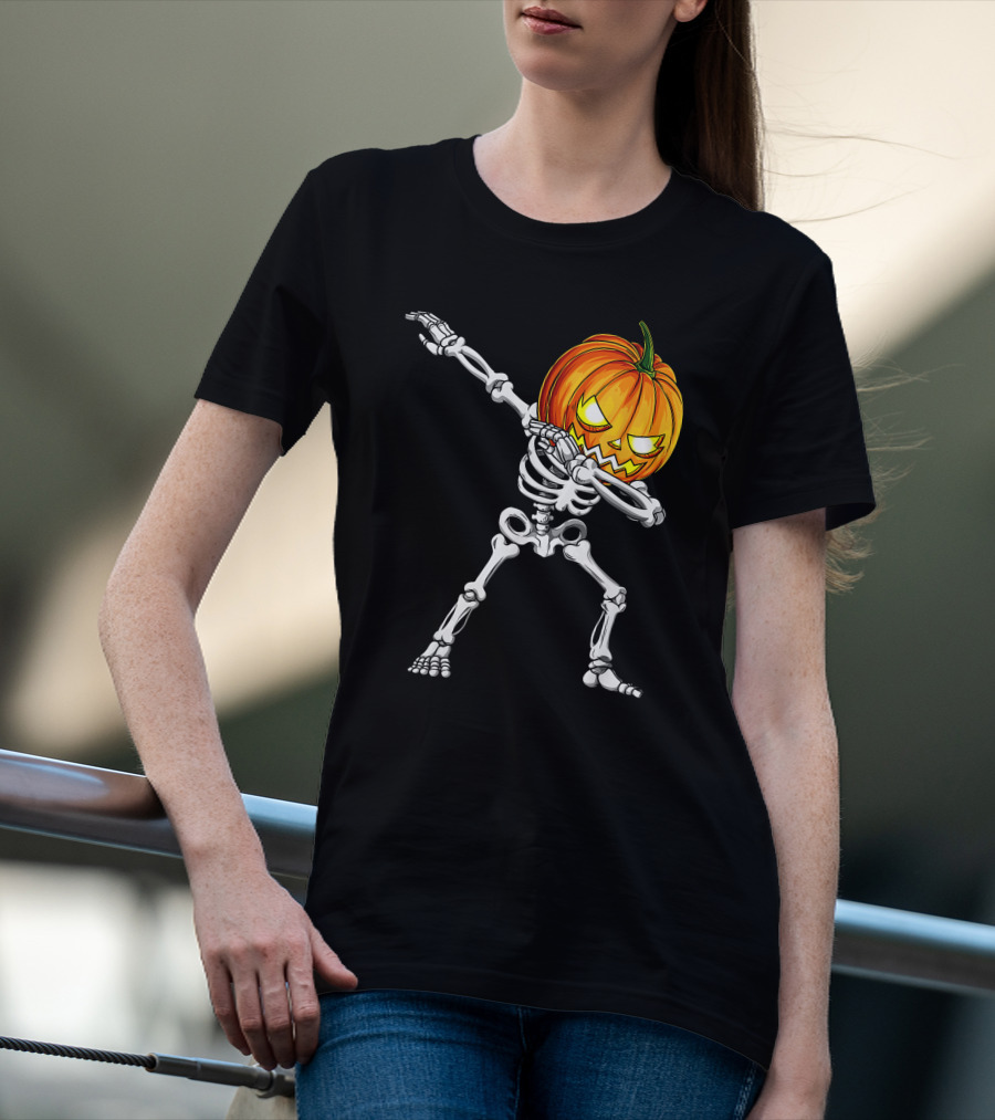 Halloween Dabbing Skeleton With Pumpkin Head T-Shirt