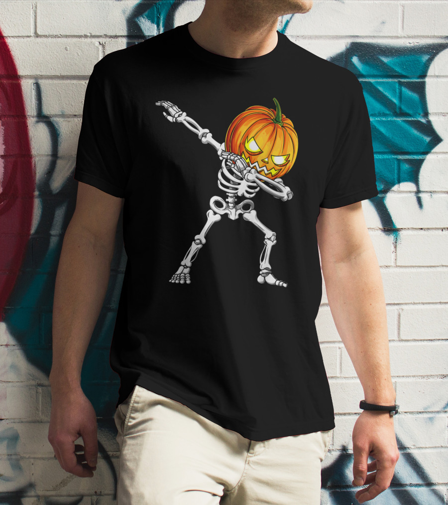 Halloween Dabbing Skeleton With Pumpkin Head T-Shirt