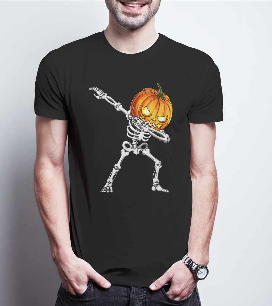 Halloween Dabbing Skeleton With Pumpkin Head T-Shirt