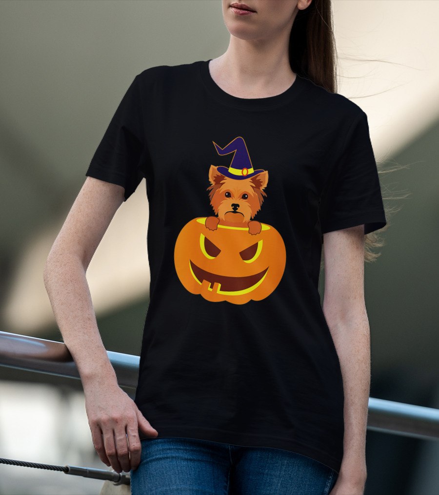 Yorkie Witch Hat Pumpkin Halloween Yorkshire Terrier T-Shirt