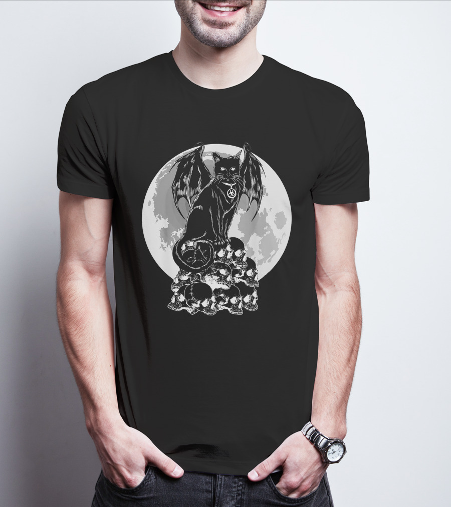 Halloween Cat Wings Skulls Moon Creepy Peace Sign T-Shirt