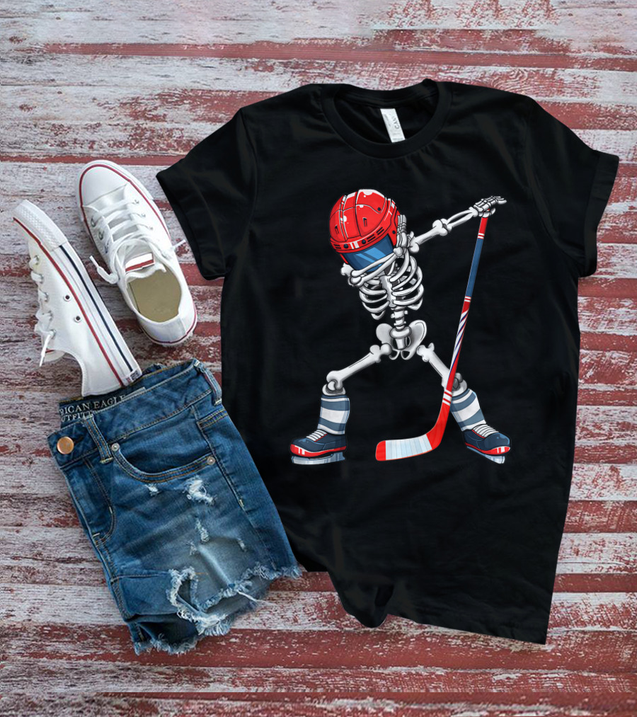 Dabbing Skeleton Ice Hockey Player Helmet And Stick T-Shirt